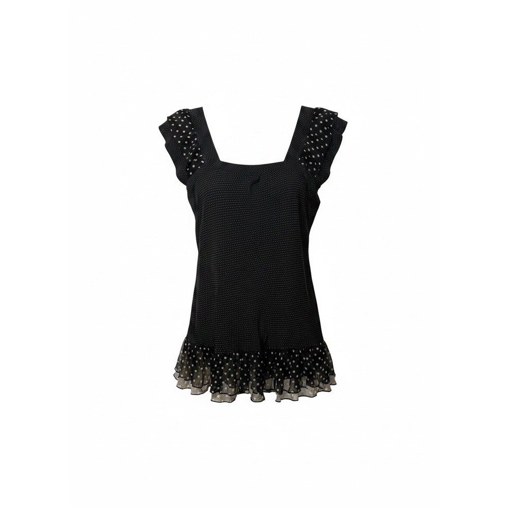 Naf Naf Black White Polka Dot 100% Silk Ruffle Square Neck Blouse Top Size M